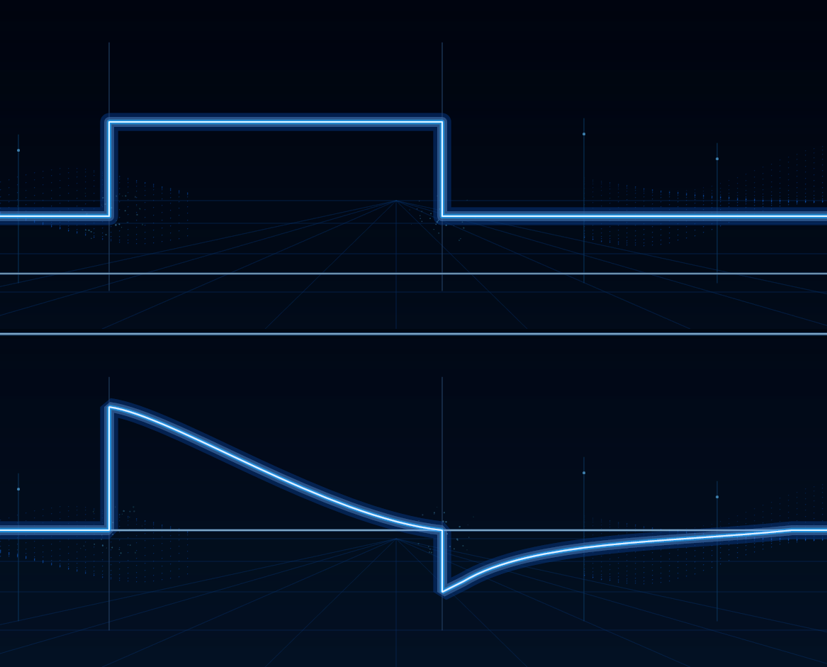 Pressure and descending-ramp flow waveforms — high-tech rendering
